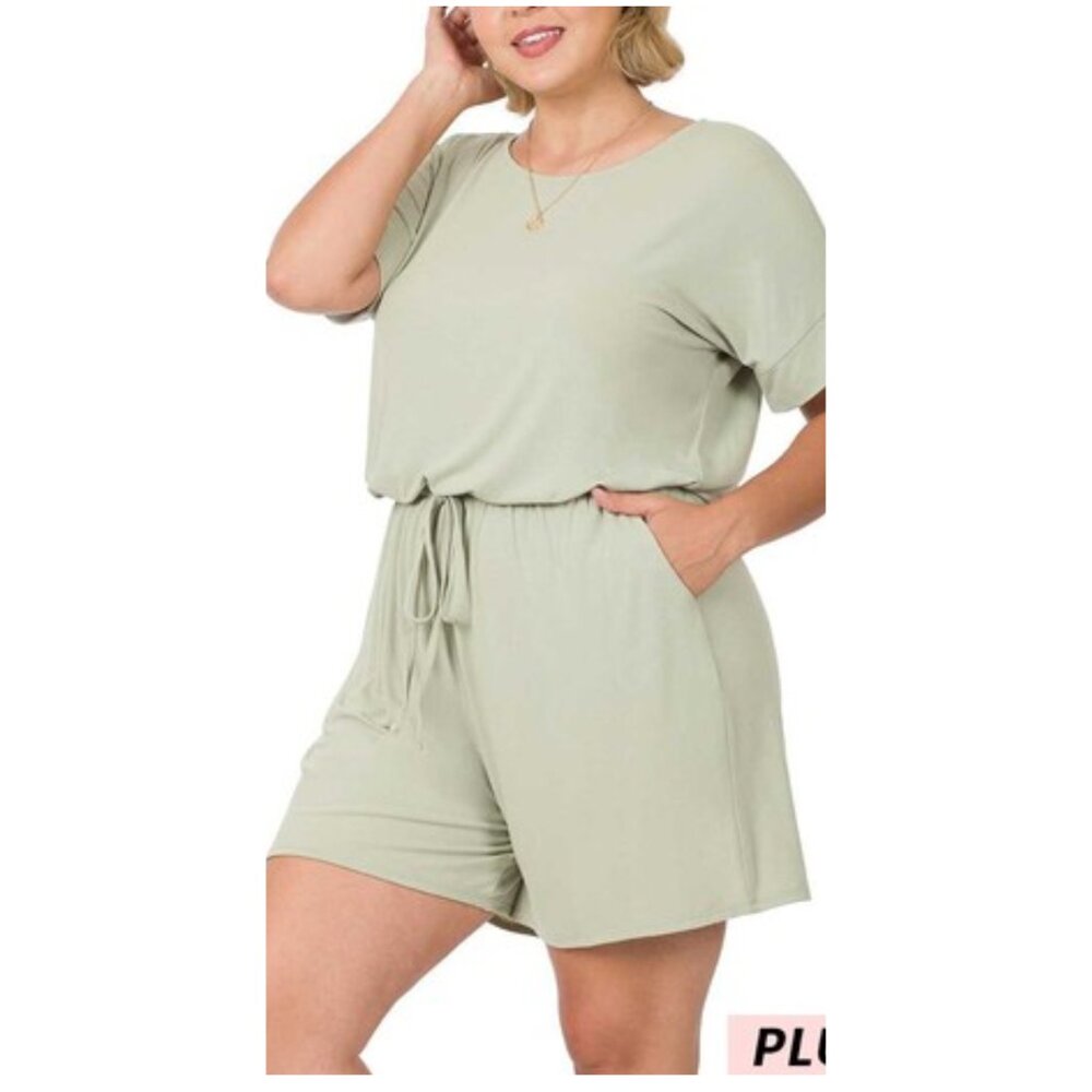 Light Sage Plus Size Romper with Elastic Waist and Back NWOT
